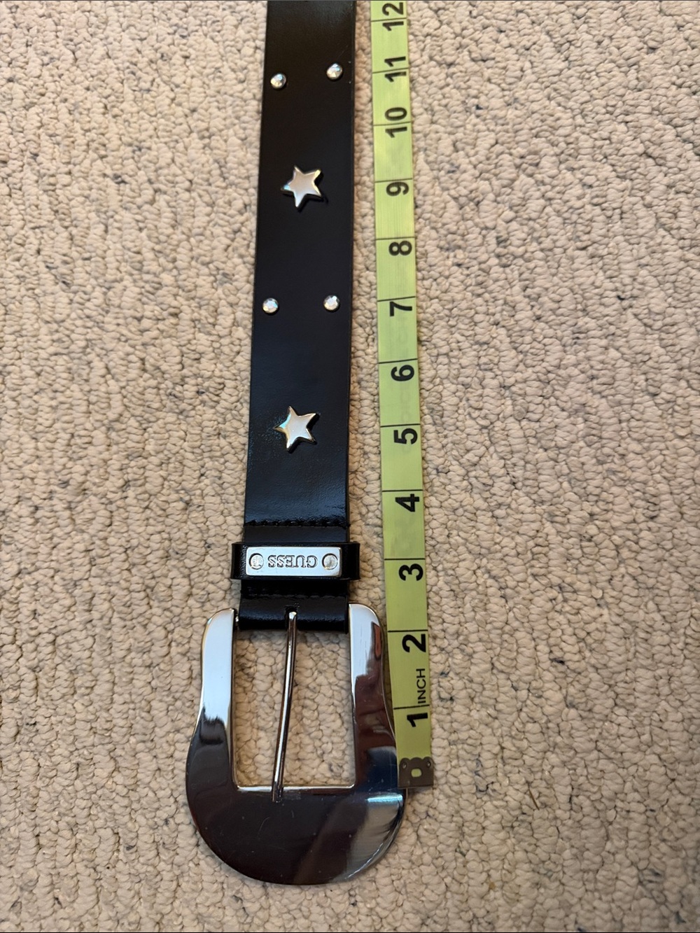 Guess Black Leather Star-Studded Belt with Silver Buckle - Picture 3 of 15